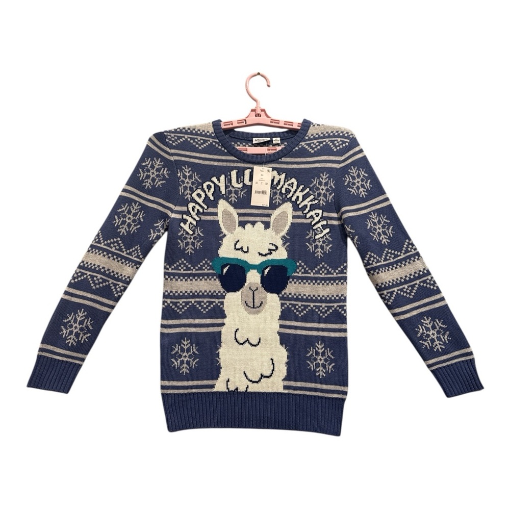 Mighty Fine‎ Happy Llamakkah Women's Sweater Blue White Ugly Sweater, Size  XS